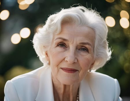 Sophisticated older French woman is in the open air. Demeanor reveals a lifetime of experiences and reflections, embodying grace and wisdom. Well-groomed woman 70 years old with grey hair. AI.