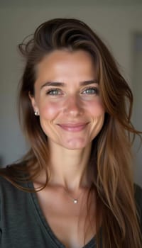 A smiling Caucasian young beautiful woman from France, embodying warmth and joy. Her relaxed demeanor and carefree expression convey a sense of happiness and approachability. Generative AI.