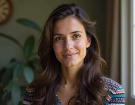 A woman with long, dark hair smiles warmly while standing indoors, illuminated by natural light. Green plants are visible in the background, creating a calm atmosphere. Generative AI.