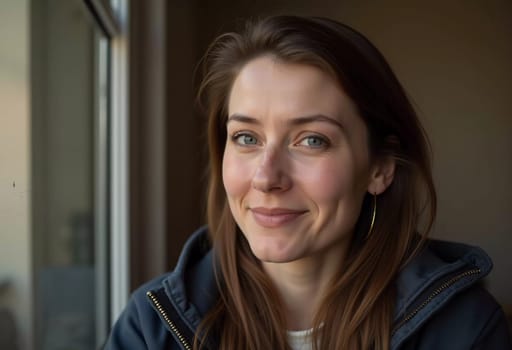 A smiling Caucasian young beautiful woman from France, embodying warmth and joy. Her relaxed demeanor and carefree expression convey a sense of happiness and approachability. Generative AI.