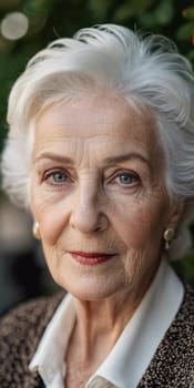 Sophisticated older French woman is in the open air. Demeanor reveals a lifetime of experiences and reflections, embodying grace and wisdom. Well-groomed woman 70 years old with grey hair. AI.