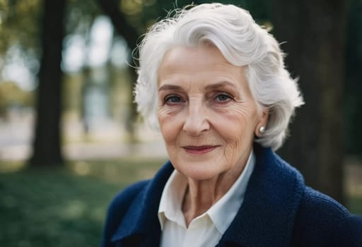 Sophisticated older French woman is in the open air. Demeanor reveals a lifetime of experiences and reflections, embodying grace and wisdom. Well-groomed woman 70 years old with grey hair. AI.