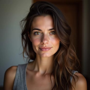 A smiling Caucasian young beautiful woman from France, embodying warmth and joy. Her relaxed demeanor and carefree expression convey a sense of happiness and approachability. Generative AI.