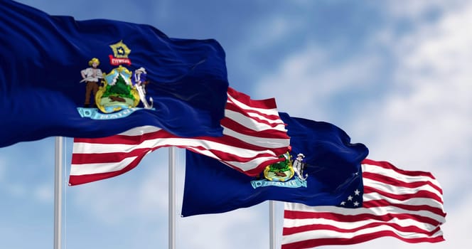 Maine state flags and the American flag waving in the wind on a clear day. US state flag. Pride and patriotism concept. 3d illustration render. Rippling fabric. Selective focus