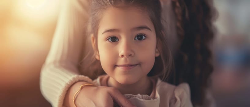 A soft-focused image of a little girl with a serene expression, her hand gently taken by an unseen adult, evoking calm and trust