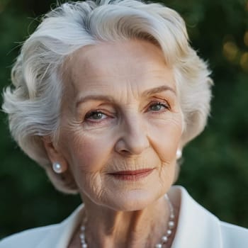 Sophisticated older French woman is in the open air. Demeanor reveals a lifetime of experiences and reflections, embodying grace and wisdom. Well-groomed woman 70 years old with grey hair. AI.