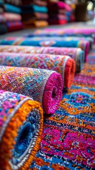 Rolled rugs with vivid hues and detailed designs create a stunning display of craftsmanship and culture