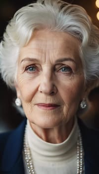 Sophisticated older French woman is in the open air. Demeanor reveals a lifetime of experiences and reflections, embodying grace and wisdom. Well-groomed woman 70 years old with grey hair. AI.