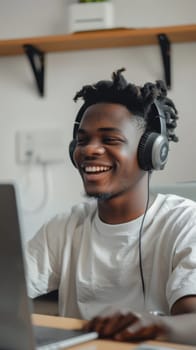 Young man in white tee and headphones smiles warmly, looking at laptop in a light-filled room, possibly in an engaging online interaction