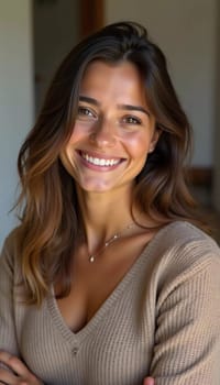 A smiling Caucasian young beautiful woman from France, embodying warmth and joy. Her relaxed demeanor and carefree expression convey a sense of happiness and approachability. Generative AI.