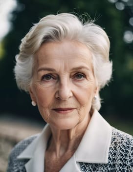 Sophisticated older French woman is in the open air. Demeanor reveals a lifetime of experiences and reflections, embodying grace and wisdom. Well-groomed woman 70 years old with grey hair. AI.
