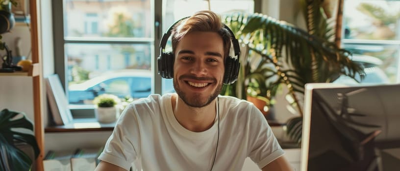 Cheerful young man in a headset providing customer support from a plant-filled office