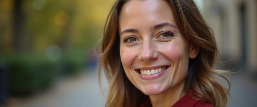 A cheerful woman beams with a warm smile while enjoying a sunny day in a lively French city. The backdrop highlights the vibrant atmosphere of urban life. Generative AI.