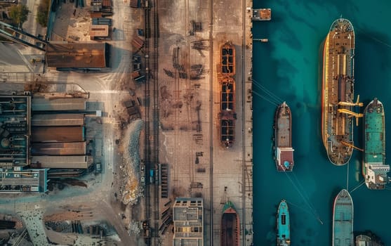 Aerial view capturing the organized chaos of a maritime industrial complex, with trains and cargo ships along docksides