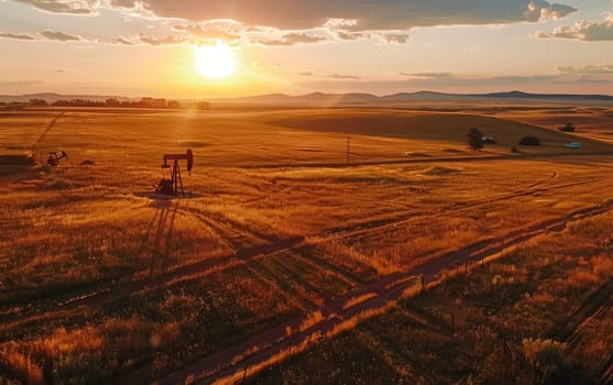 The early morning sun spreads its golden light across fields with oil pumps, starting a new day in the countryside