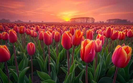 A breathtaking view of a vibrant tulip field under the warm glow of a setting sun, showcasing nature's beauty and serenity.