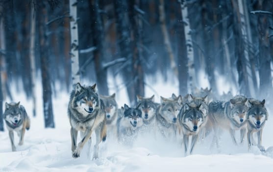 A powerful pack of wolves moves swiftly across a snowy landscape, surrounded by the winter forest's serenity.