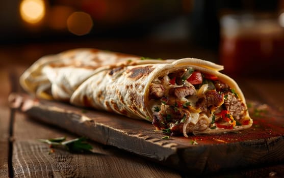 Grilled meat shawarma with a blend of herbs and spices, folded in a crispy flatbread, garnished with parsley on a dark wood surface for a tantalizing visual appeal