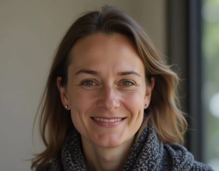 A smiling Caucasian young beautiful woman from France, embodying warmth and joy. Her relaxed demeanor and carefree expression convey a sense of happiness and approachability. Generative AI.