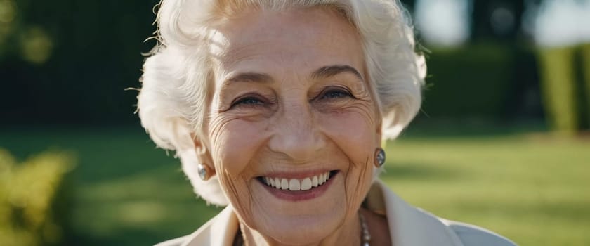 Sophisticated smiling older French woman in the open air. Demeanor reveals a lifetime of experiences and reflections, embodying grace and wisdom. Well-groomed woman 70 years old with grey hair. AI.