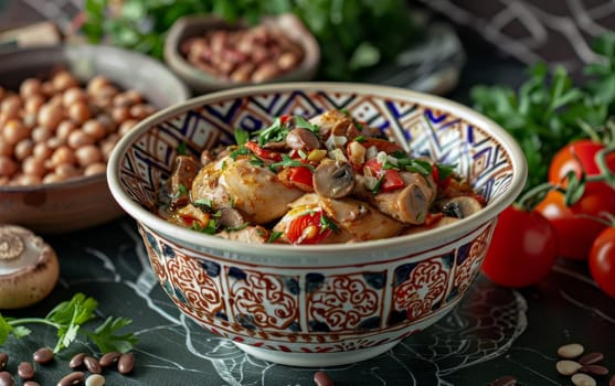 This image captures a hearty stew of chicken pieces with mushrooms and vegetables, sprinkled with herbs, in a traditional ceramic bowl