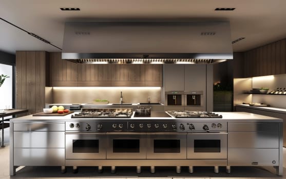 A sleek, contemporary kitchen featuring an industrial-size stainless steel stove and range hood, surrounded by wooden cabinetry and modern fixtures