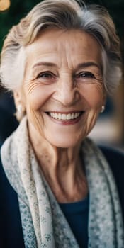 Sophisticated smiling older French woman in the open air. Demeanor reveals a lifetime of experiences and reflections, embodying grace and wisdom. Well-groomed woman 70 years old with grey hair. AI.