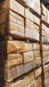 Stacks of various sized cardboard boxes secured with twine in a storage warehouse, showcasing logistics and organization.