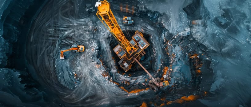From above, a massive drilling rig protrudes from the depths of a vast open-pit mine, surrounded by industrial machinery in an intricate dance