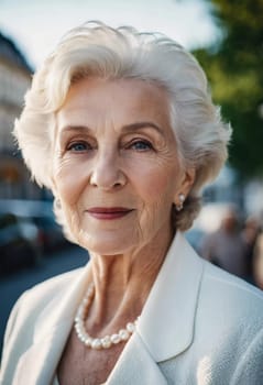 Sophisticated older French woman is in the open air. Demeanor reveals a lifetime of experiences and reflections, embodying grace and wisdom. Well-groomed woman 70 years old with grey hair. AI.