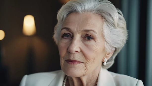 Sophisticated older French woman is in the open air. Demeanor reveals a lifetime of experiences and reflections, embodying grace and wisdom. Well-groomed woman 70 years old with grey hair. AI.