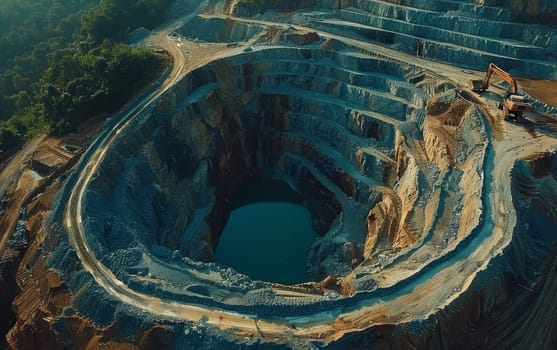 Aerial shot of an expansive open-pit mine showcasing intricate terraces with a deep water pool at the bottom