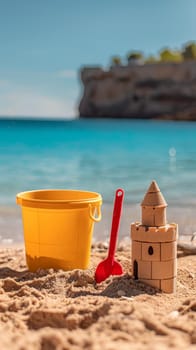 A meticulously crafted sandcastle complements a yellow bucket and red shovel, set against a serene beach backdrop
