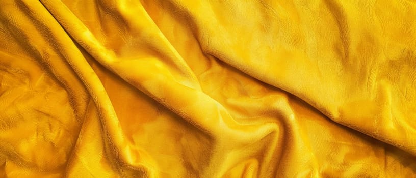 Luxurious yellow satin fabric with wavy, reflective textures, perfect for backgrounds in fashion and textile presentations. Velvety alcantara texture.