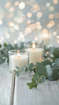 Two lit white candles placed among eucalyptus leaves on a wooden surface create a calming atmosphere with soft bokeh lights in the background, conveying a sense of tranquility and elegance
