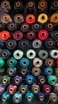 A vertical arrangement of textile spools presents a vibrant collection of threads in various colors, showcasing potential for diverse fabric projects