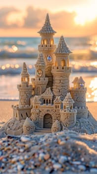 A meticulously crafted sandcastle with ornate details stands on a beach, the sunrise casting a warm golden glow that highlights the textured towers and shells embedded within