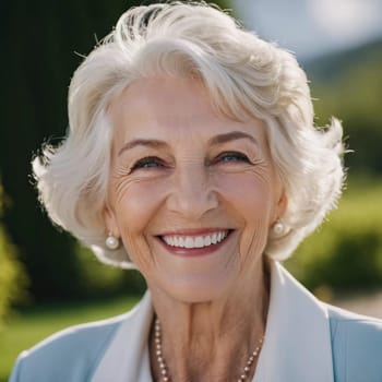 Sophisticated smiling older French woman in the open air. Demeanor reveals a lifetime of experiences and reflections, embodying grace and wisdom. Well-groomed woman 70 years old with grey hair. AI.