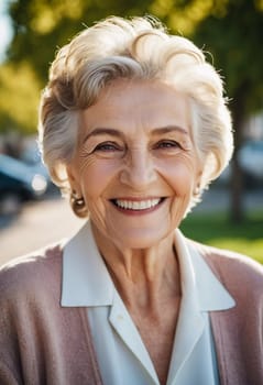 Sophisticated smiling older French woman in the open air. Demeanor reveals a lifetime of experiences and reflections, embodying grace and wisdom. Well-groomed woman 70 years old with grey hair. AI.