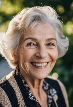 Sophisticated smiling older French woman in the open air. Demeanor reveals a lifetime of experiences and reflections, embodying grace and wisdom. Well-groomed woman 70 years old with grey hair. AI.