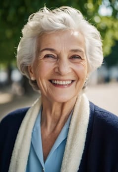Sophisticated smiling older French woman in the open air. Demeanor reveals a lifetime of experiences and reflections, embodying grace and wisdom. Well-groomed woman 70 years old with grey hair. AI.