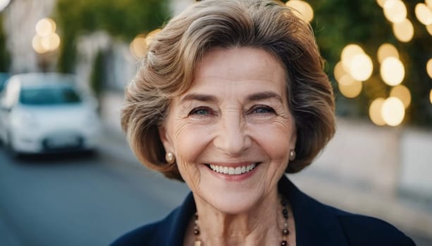Sophisticated smiling older French woman in the open air. Demeanor reveals a lifetime of experiences and reflections, embodying grace and wisdom. Well-groomed woman 70 years old with grey hair. AI.