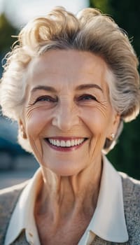 Sophisticated smiling older French woman in the open air. Demeanor reveals a lifetime of experiences and reflections, embodying grace and wisdom. Well-groomed woman 70 years old with grey hair. AI.