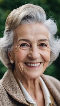 Sophisticated smiling older French woman in the open air. Demeanor reveals a lifetime of experiences and reflections, embodying grace and wisdom. Well-groomed woman 70 years old with grey hair. AI.