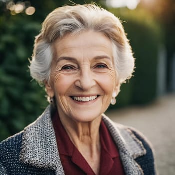 Sophisticated smiling older French woman in the open air. Demeanor reveals a lifetime of experiences and reflections, embodying grace and wisdom. Well-groomed woman 70 years old with grey hair. AI.