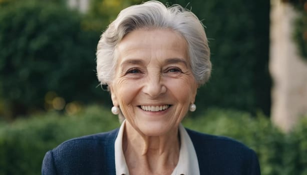 Sophisticated smiling older French woman in the open air. Demeanor reveals a lifetime of experiences and reflections, embodying grace and wisdom. Well-groomed woman 70 years old with grey hair. AI.