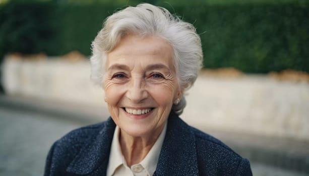 Sophisticated smiling older French woman in the open air. Demeanor reveals a lifetime of experiences and reflections, embodying grace and wisdom. Well-groomed woman 70 years old with grey hair. AI.