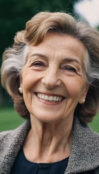 Sophisticated smiling older French woman in the open air. Demeanor reveals a lifetime of experiences and reflections, embodying grace and wisdom. Well-groomed woman 70 years old with grey hair. AI.