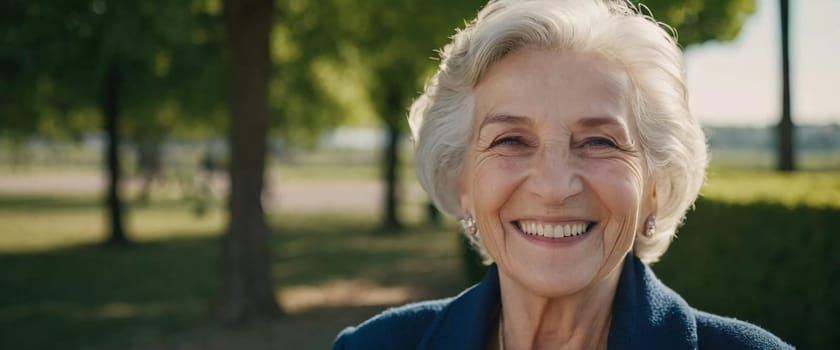 Sophisticated smiling older French woman in the open air. Demeanor reveals a lifetime of experiences and reflections, embodying grace and wisdom. Well-groomed woman 70 years old with grey hair. AI.