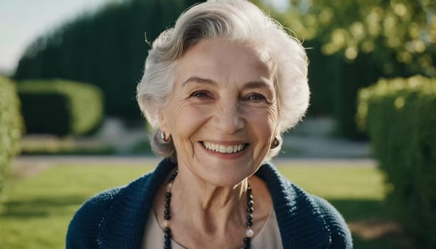Sophisticated smiling older French woman in the open air. Demeanor reveals a lifetime of experiences and reflections, embodying grace and wisdom. Well-groomed woman 70 years old with grey hair. AI.